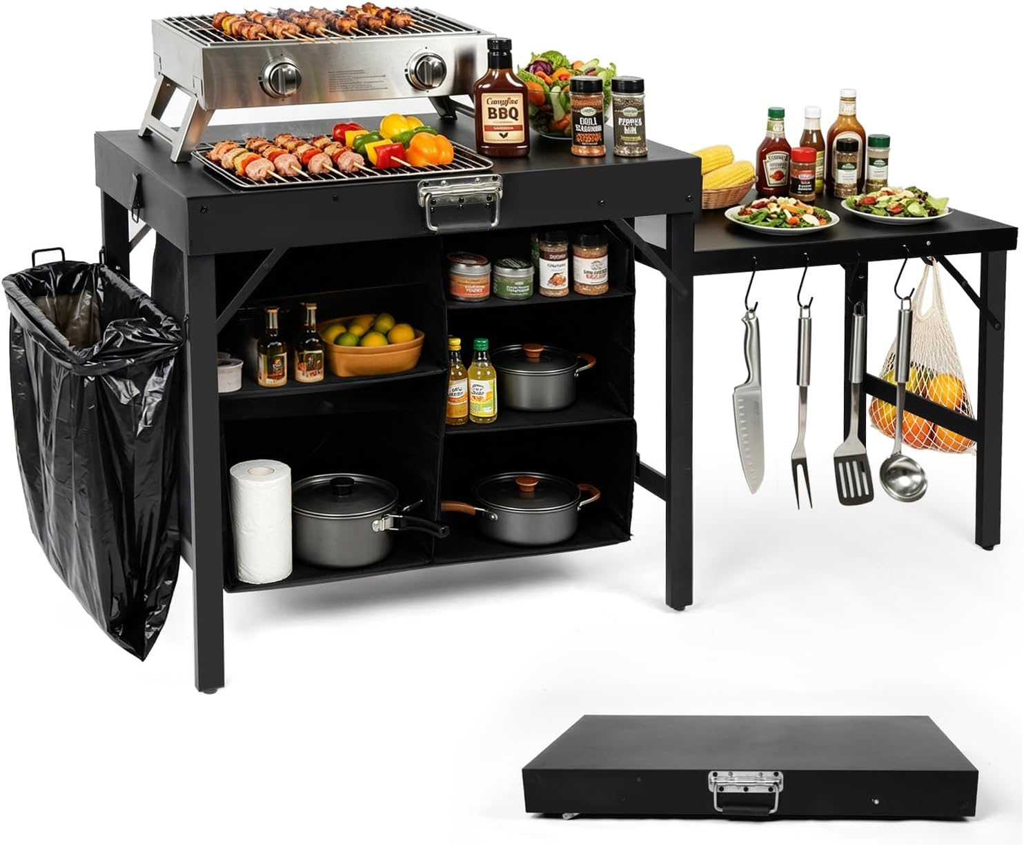 Outdoor Camping Kitchen Setup - Portable Foldable Griddle Stand With Storage
