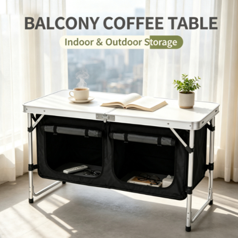 Outdoor Camping Kitchen Setup - Silver Aluminum Folding Camping Table with